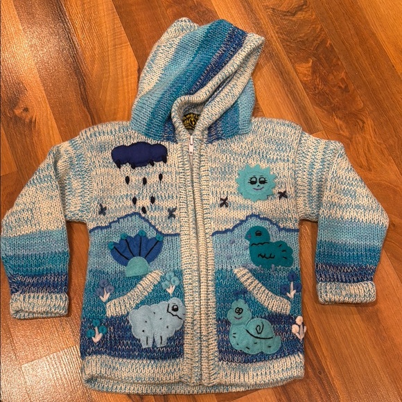 American South Side Other - Handmade in Peru girls size 2 blue‎ knit sweaterter with sewn on designs knit